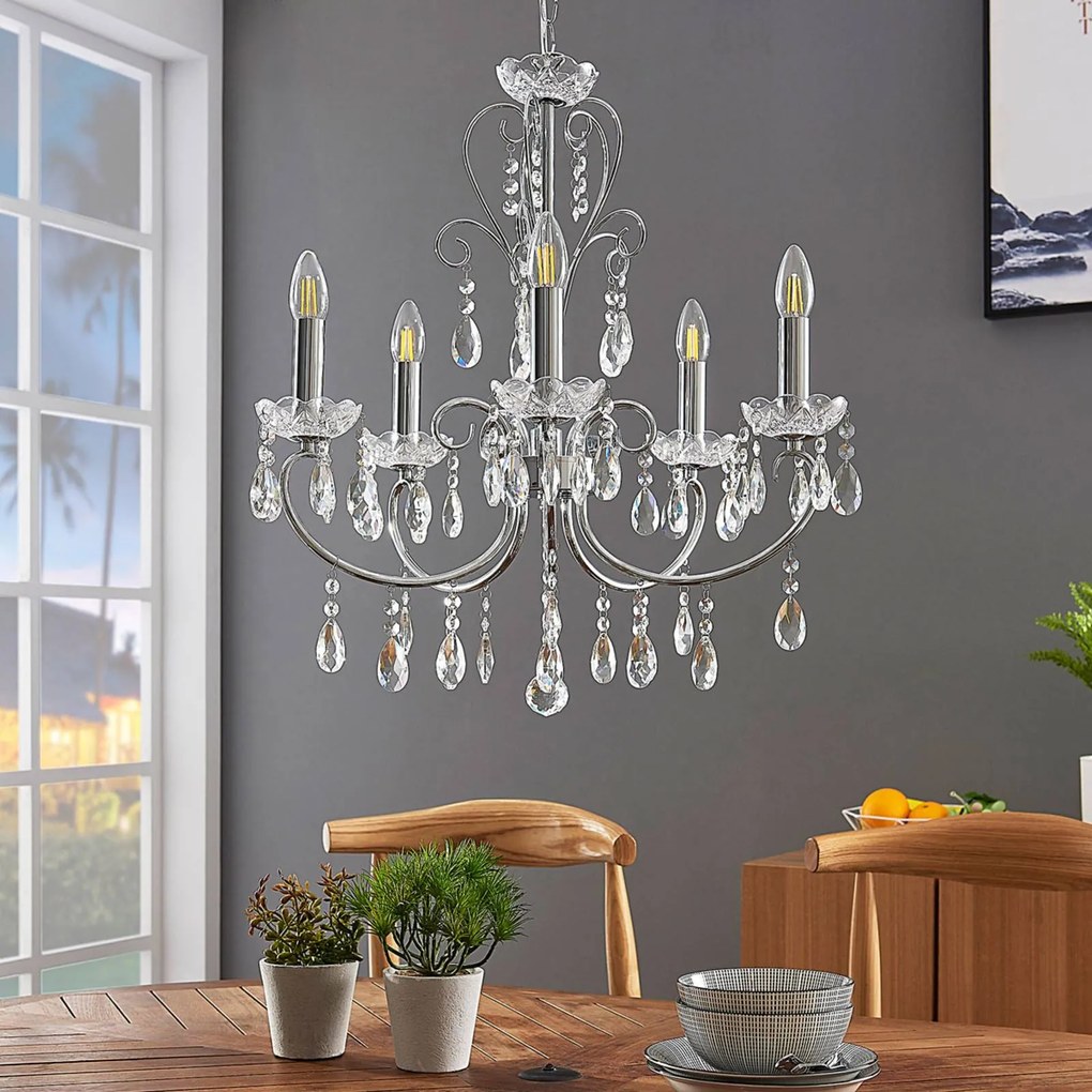Lampadario di cristallo Solveig Lucande, dimmerabile, Cromo / Argento, Soggiorno / Sala da pranzo, Metallo, Lampadario di cristallo