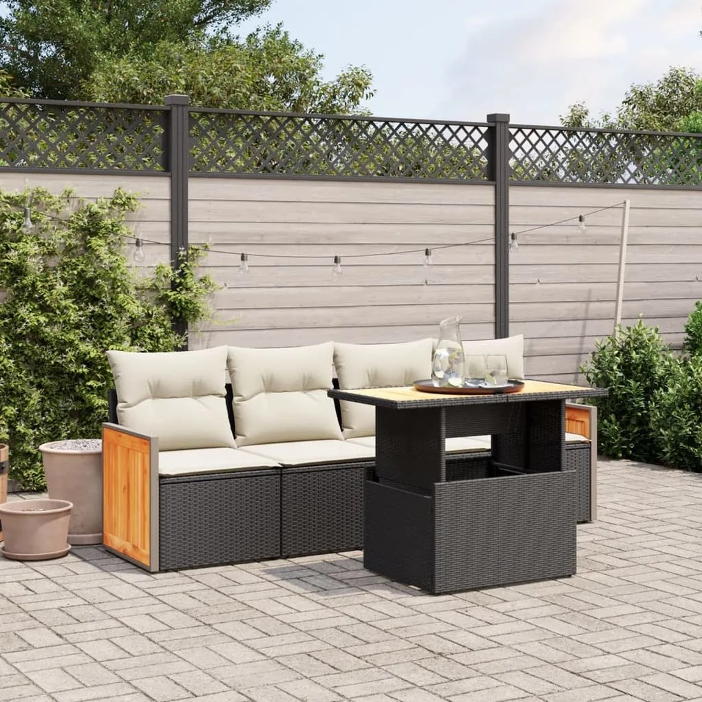 Set divani da giardino 5 pz con cuscini in polyrattan nero