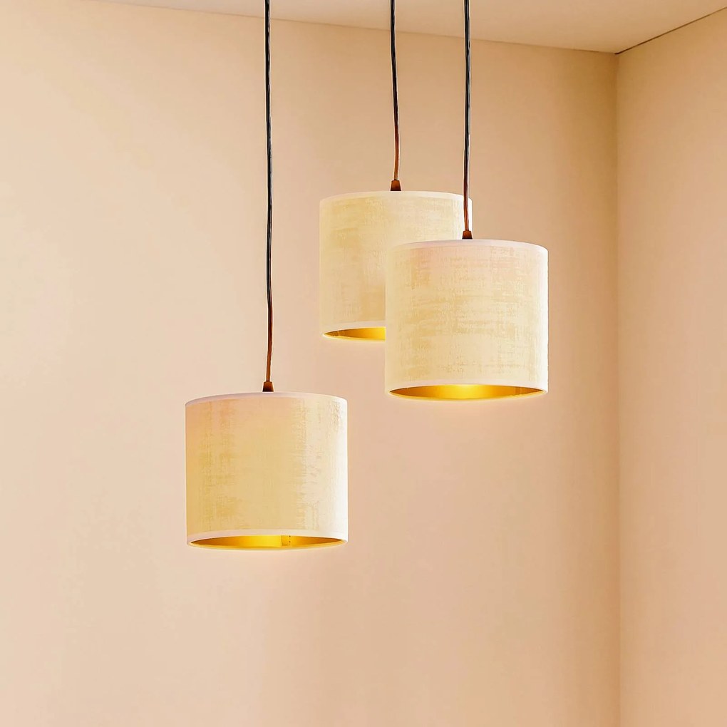 EMIBIG LIGHTING Lampada a sospensione Jari paralume in tessuto a 3 luci rotonda bianco-oro
