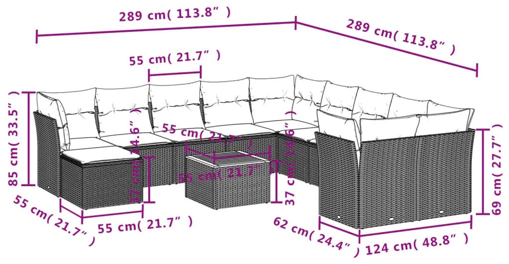 Set Divani da Giardino 12 pz con Cuscini Nero in Polyrattan