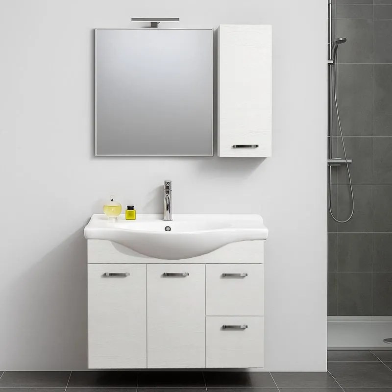 Mobile bagno con lavabo e specchio e illuminazione L 85 x H 85 x P 33.5 cm bianco frassino, 2 ante 2 cassetti per vasca centrale Nicole