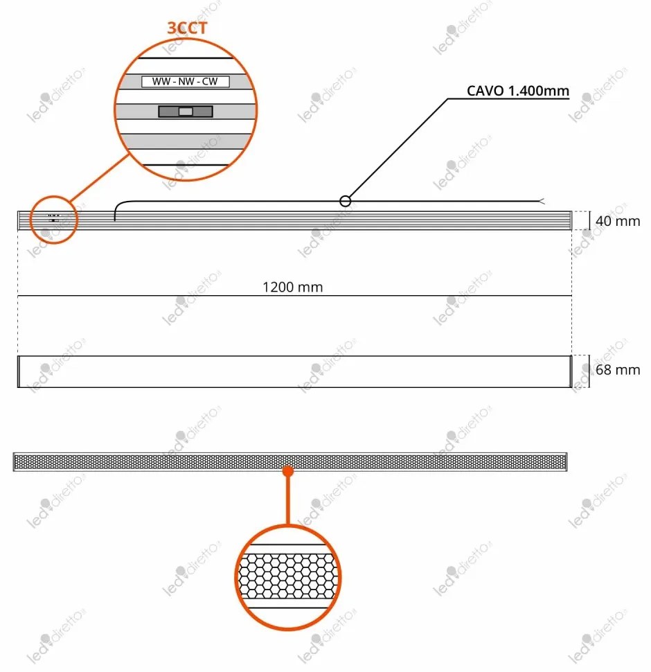 Plafoniera Lineare LED 40W 120cm DALI2 - driver Philips Bianca o nera Colore Bianco Variabile CCT, Colore del corpo Nero