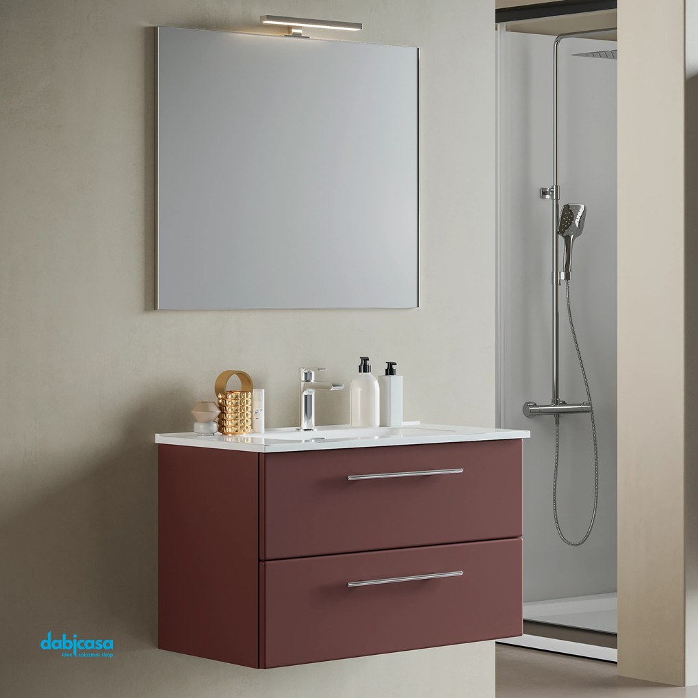 Mobile Bagno Sospeso "Maya" Da 100 Cm Con Due Cassetti Lavabo Specchio E Lampada Led