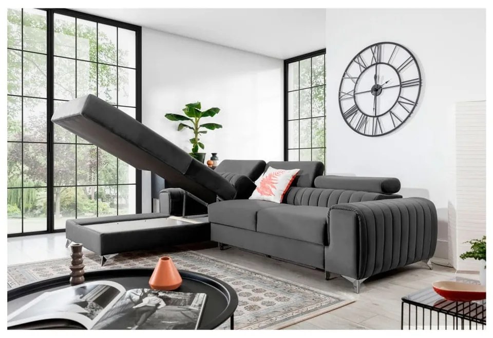 Divano angolare grigio scuro allungabile/con contenitore (con penisola a sinistra/con chaise lounge) e rivestimento in velluto Grayson – ELTAP