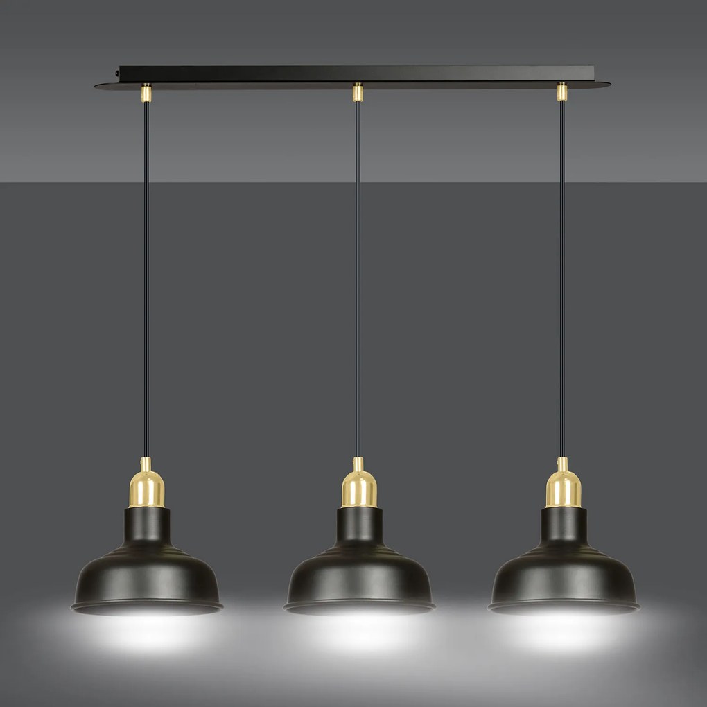 Lampadario Industrial 3 Luci Kubera In Acciaio Nero Con Elementi In Oro