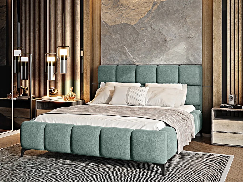 Letto matrimoniale con box contenitore California - 160 x 200 cm , Tessuto verde acqua chiaro