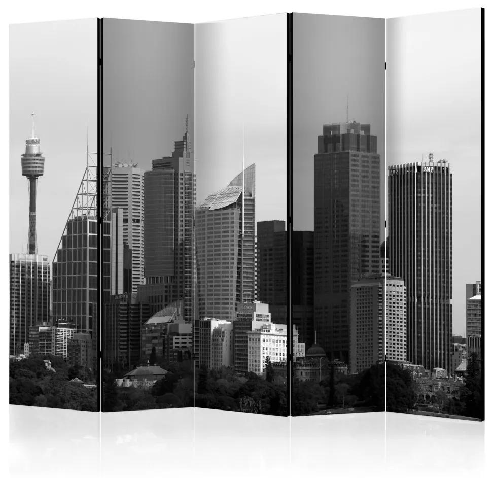 Paravento design Grattacieli di Sydney II (5 parti) - scorcio in bianco e nero