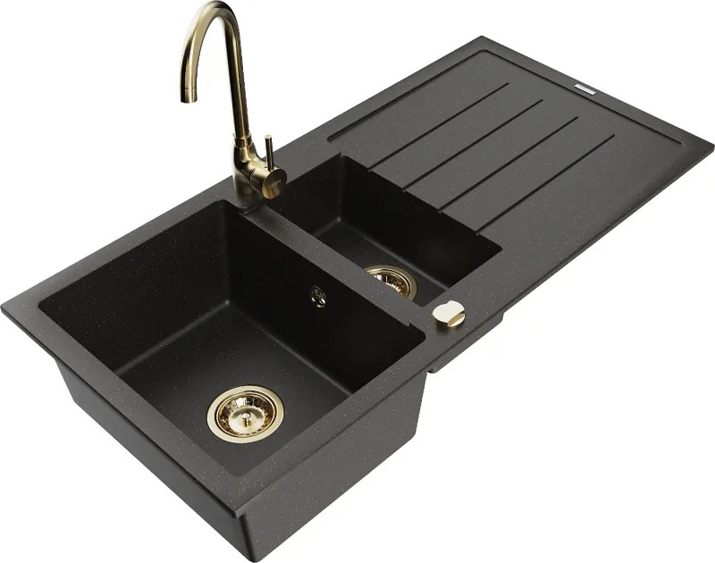 Mexen Andres lavello da cucina in granito 1,5 vasche con gocciolatoio e rubinetto Telma, nero/oro - 6515-75-670200-50
