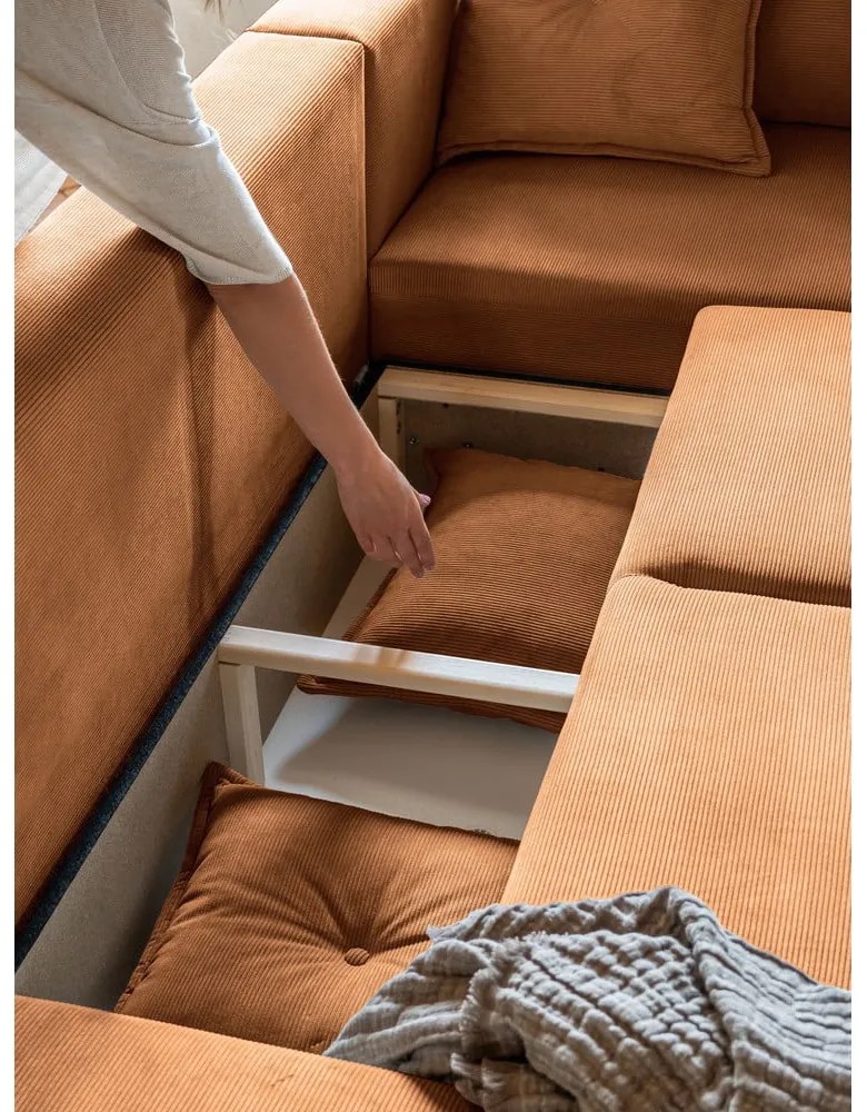 Divano letto angolare in velluto a coste color mattone (angolo destro) Lazy Lukka - Miuform