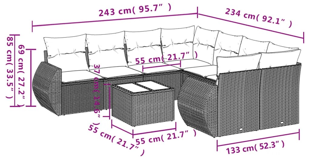 Set divano da giardino 9 pz con cuscini grigio in polyrattan