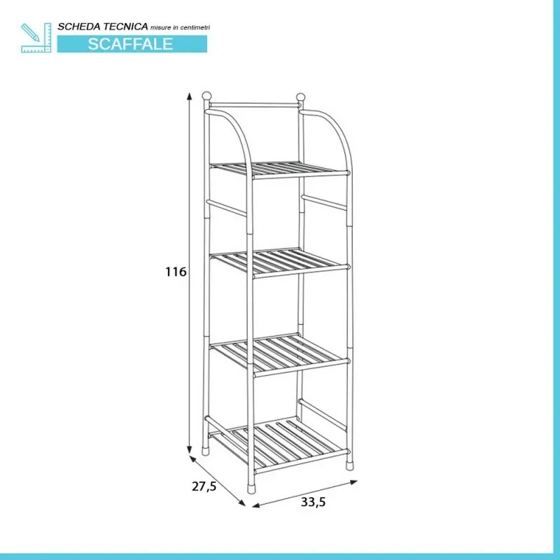 Scaffale bagno H 116 in metallo design nero con quattro ripiani