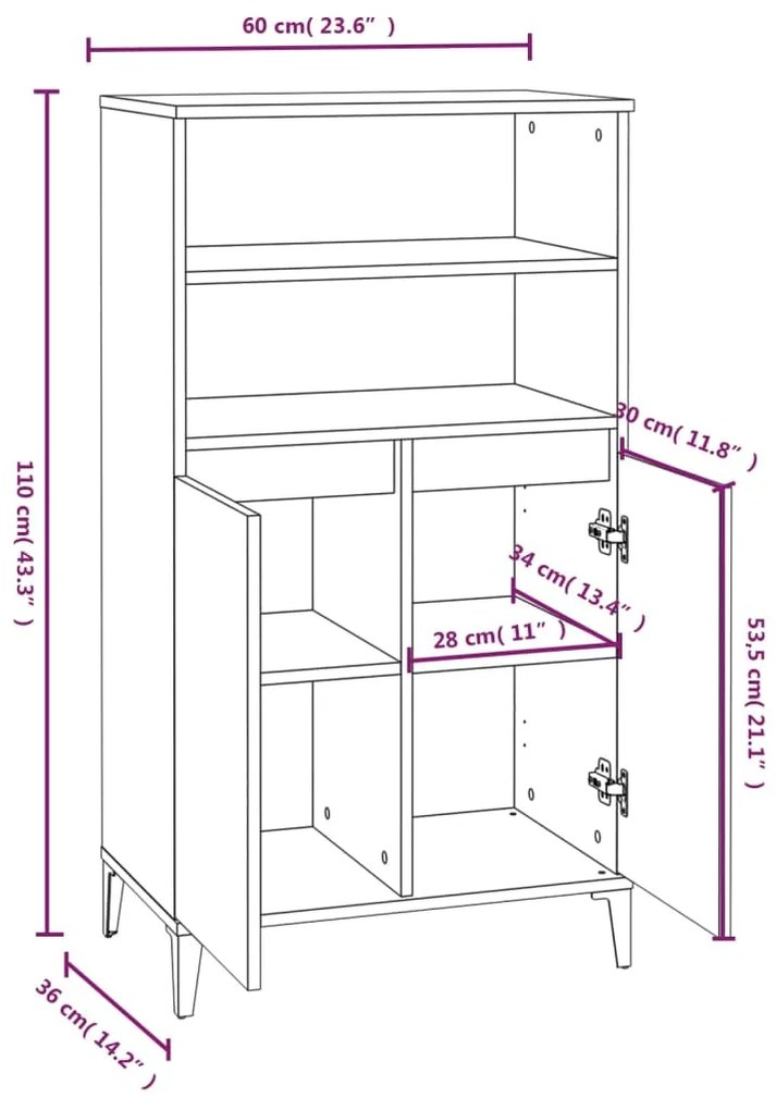 Credenza Rovere Fumo 60x36x110 cm in Legno Multistrato