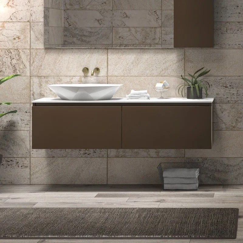 Kamalu - mobile bagno sospeso 155 cm con piano da appoggio in solid surface bianco e doppio cassetto sp-155