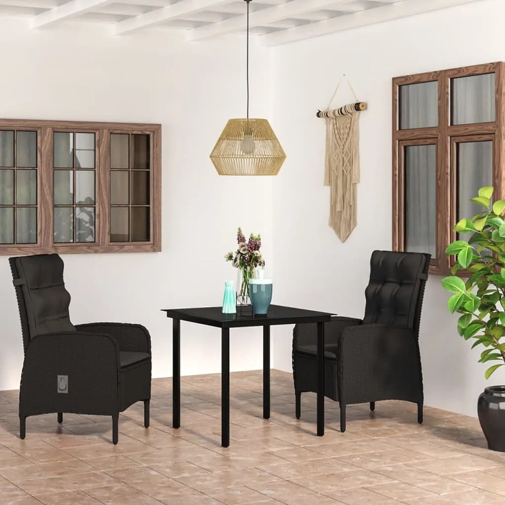 Set da pranzo per giardino 3 pz con cuscini nero