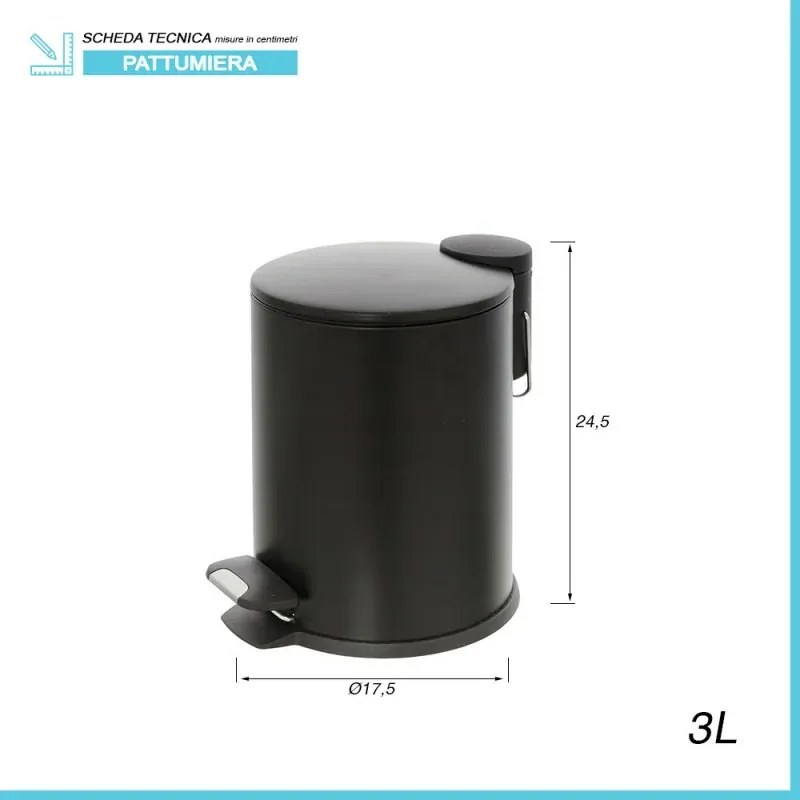 Pattumiera bagno in acciaio nero con pedale e coperchio slim 3 lt