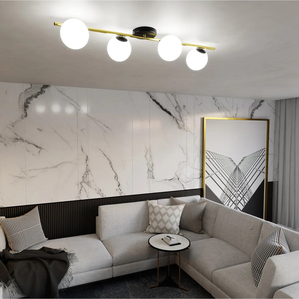 Plafoniera Contemporanea 4 Luci Eracle In Acciaio Oro/Nero E Sfere Vetro Bianco