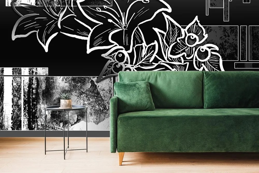 Carta da parati – Illustrazione floreale in bianco e nero