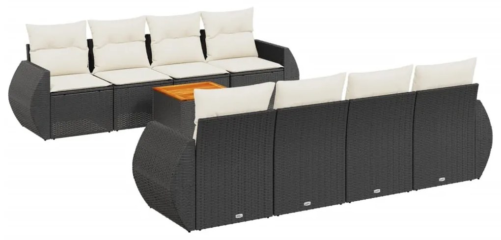 Set divani da giardino 9 pz con cuscini nero in polyrattan