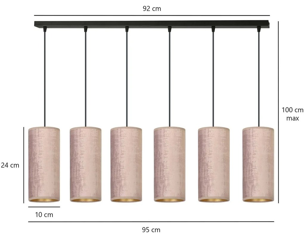 Sospensione 6 Luci Bente In Acciaio Nero E Paralumi Rosa E Oro