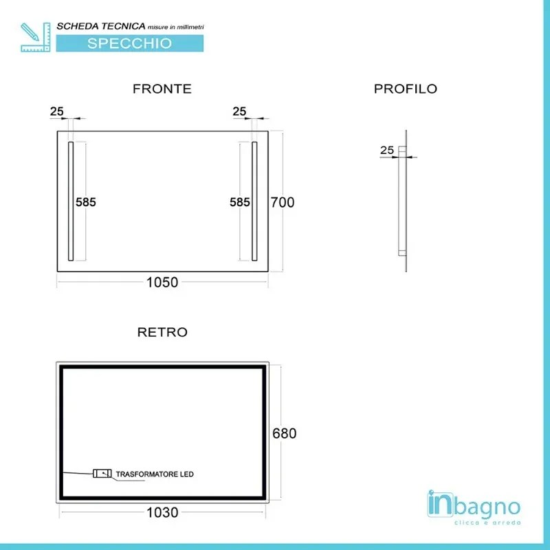 Specchio bagno 105x70 cm con LED laterali e installazione reversibile