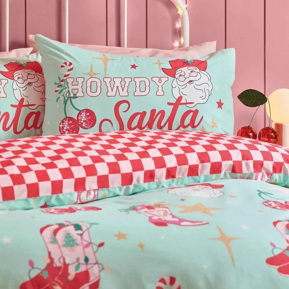 Set copripiumino e federa verde e rosa per letto singolo 135x200 cm Santa's Howdy Christmas – Catherine Lansfield