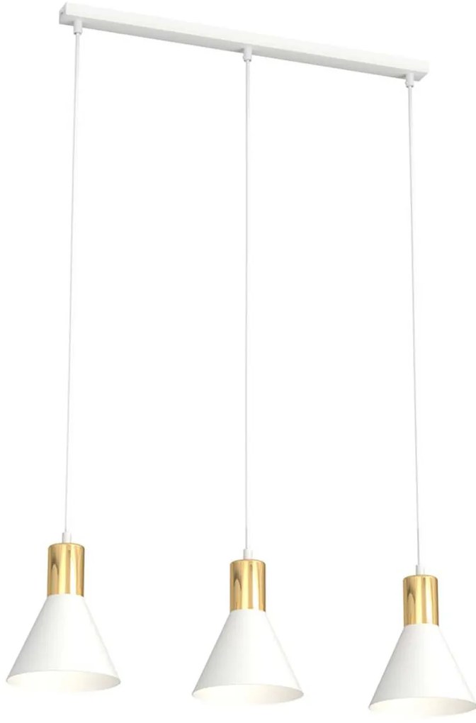 Lampadario 3 Luci Heimdall In Acciaio Bianco E Paralumi Conici Bianco E Oro