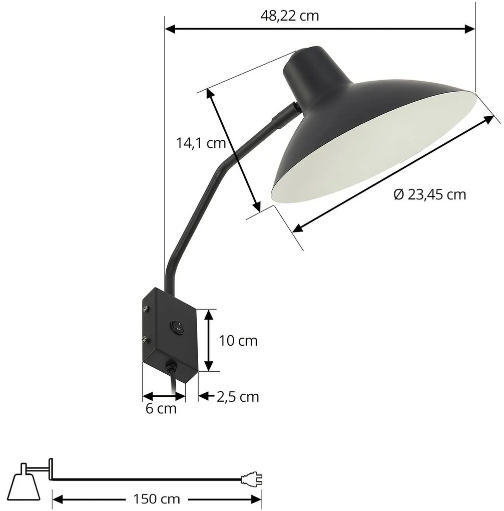 Applique Lindby Adrik, nero, metallo, con spina