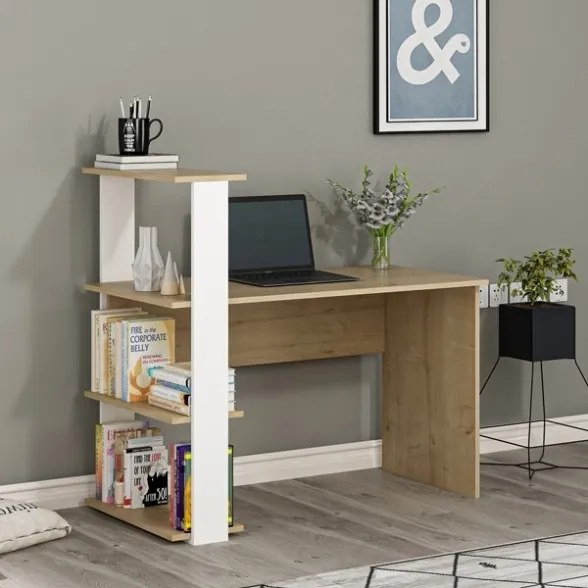 Scrivania Libreria Con Ripiani Laterali 60x120x112H Bianco E Rovere Chiaro Node