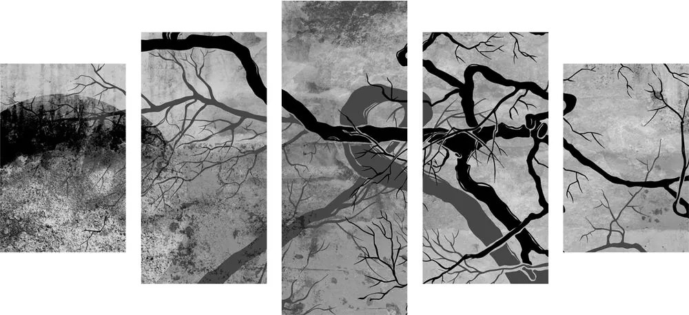 Quadri 5 pezzi – Alberi surrealisti in bianco e nero