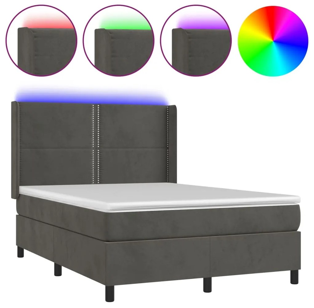 Letto a Molle con Materasso e LED Grigio Scuro 140x190 cm