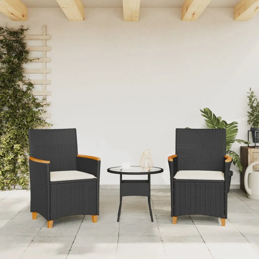 Sedie giardino con cuscini 2pz nere polyrattan e legno massello