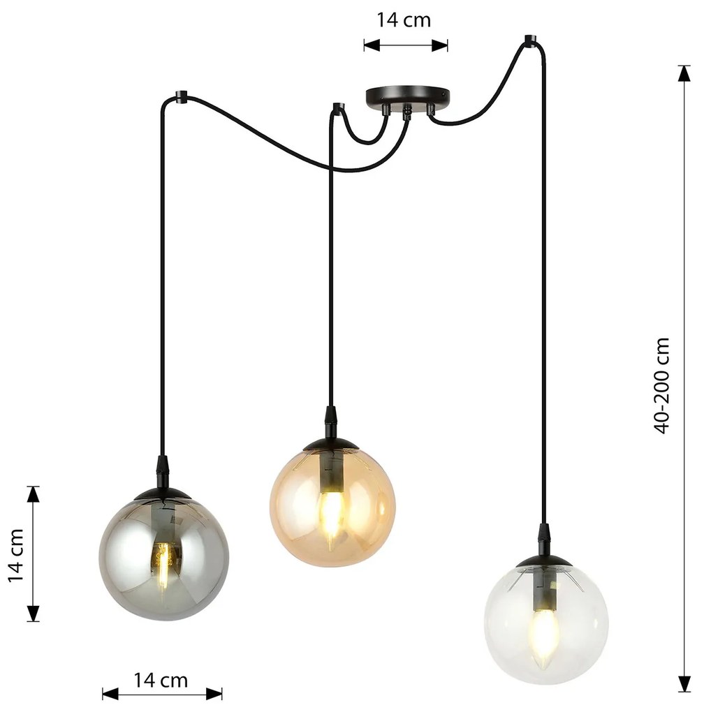 Lampadario 3 Luci Ginevra In Acciaio Nero Con Cavo Lungo E Vetri Multicolor