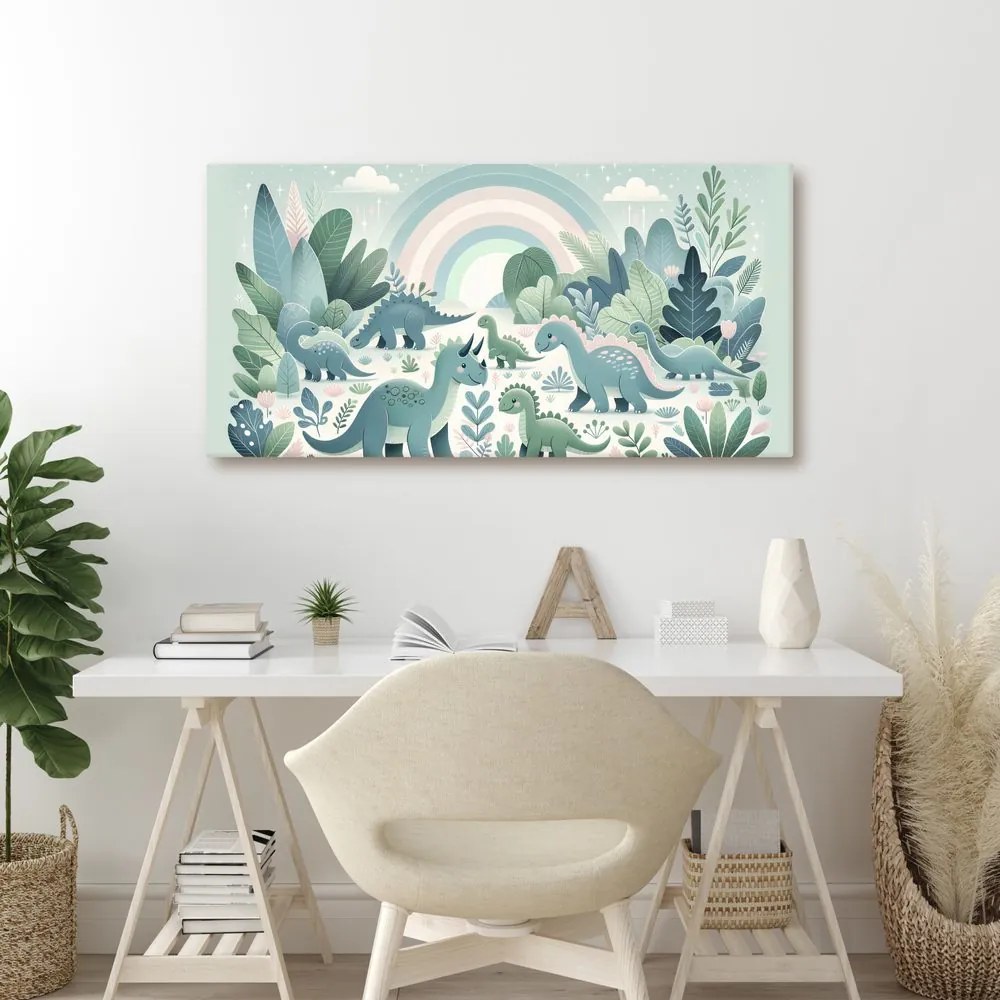 Quadro su tela – Paesaggio di dinosauri sotto arcobaleno pastello