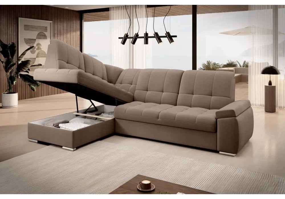 Divano angolare marrone allungabile/con contenitore (con penisola a sinistra/a L) e rivestimento in velluto Sado – ELTAP