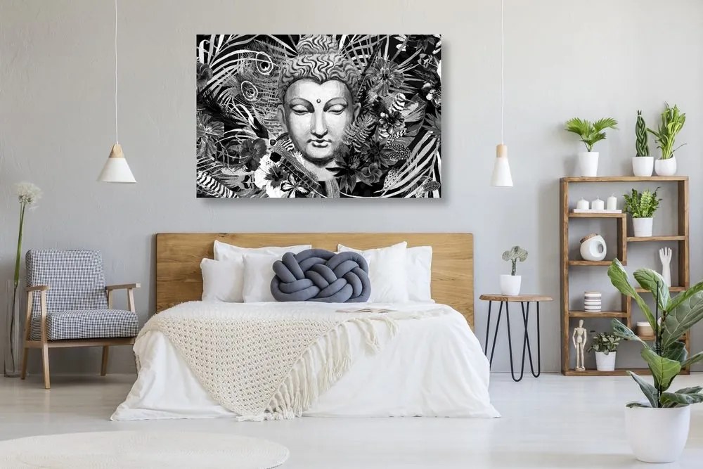 Quadro su tela – Buddha su sfondo esotico in bianco e nero
