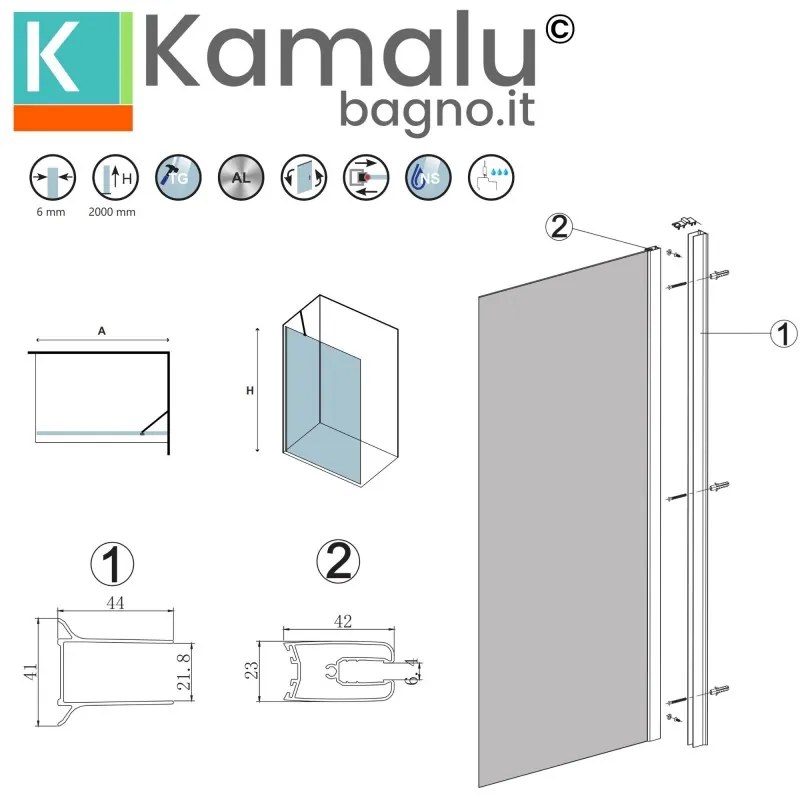 Kamalu - doccia walk in 70 cm con staffa diagonale vetro satinato | ks2800cs