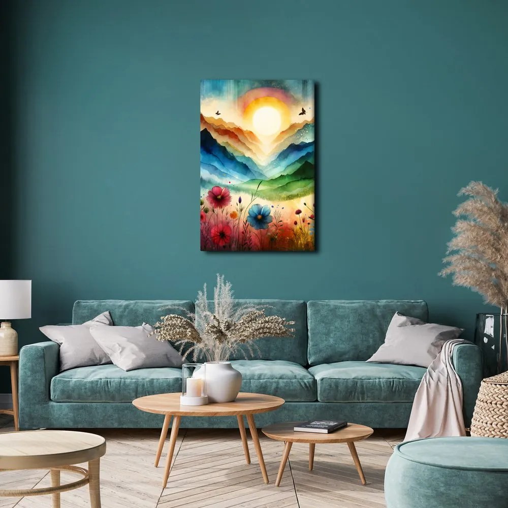 Quadro su tela – Paesaggio fiabesco con fiori e sole