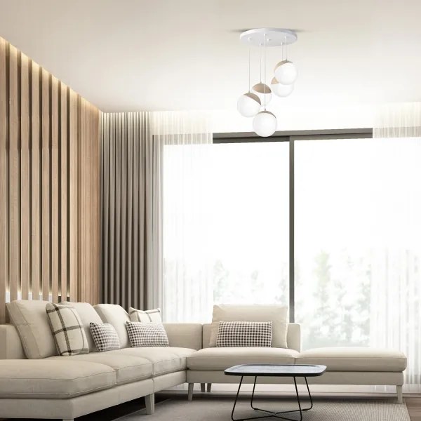 Lampadario a sospensione con filo SFERA WOOD 5xE14/40W/230V bianco