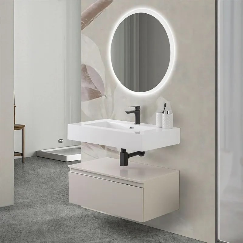 Mobile bagno sospeso 80 cm grigio perla con lavabo e specchio LED   Iside