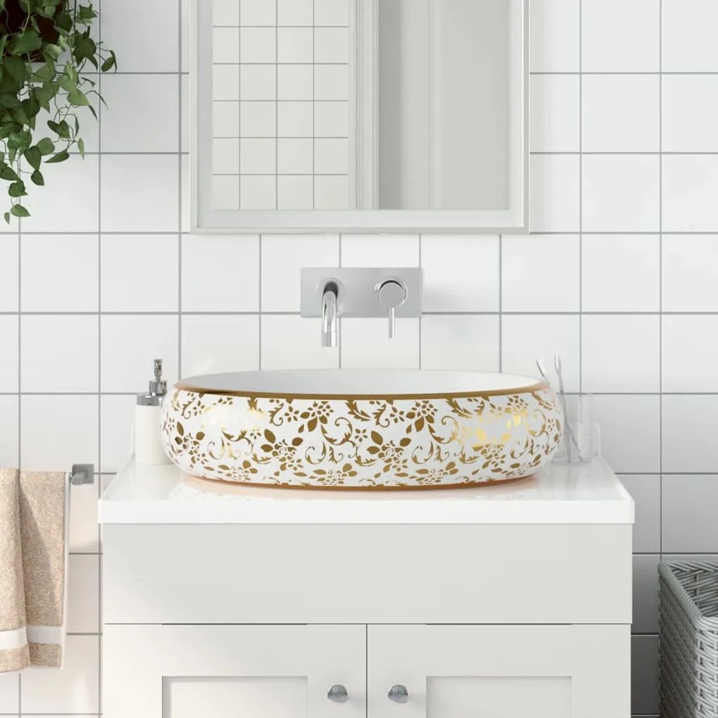 Lavabo Da Appoggio Bianco E Oro Ovale 59x40x15 Cm Ceramica /