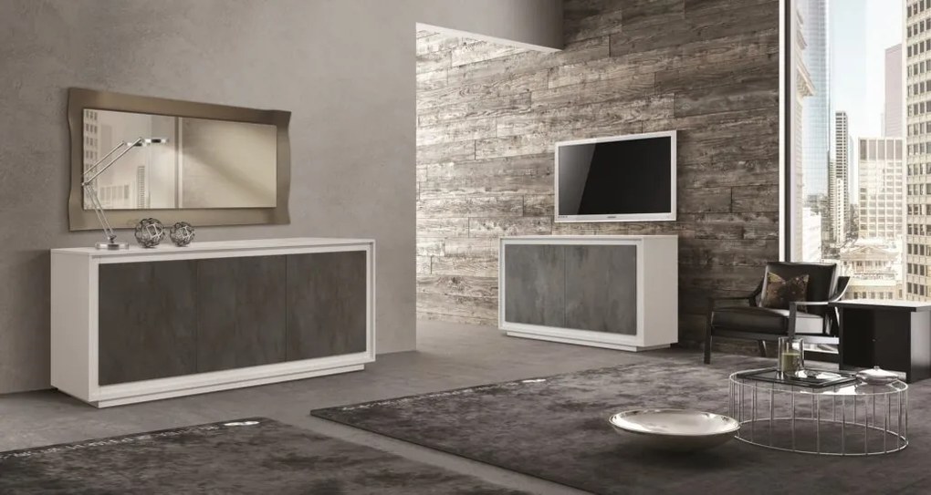 Credenza LAMPEDUSA in legno bianco frassinato, ante finitura grigio cemento, 180&#215;50 cm