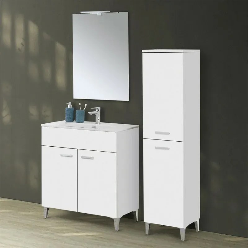 Mobile bagno a terra 80 bianco con lavabo e specchio LED Martha