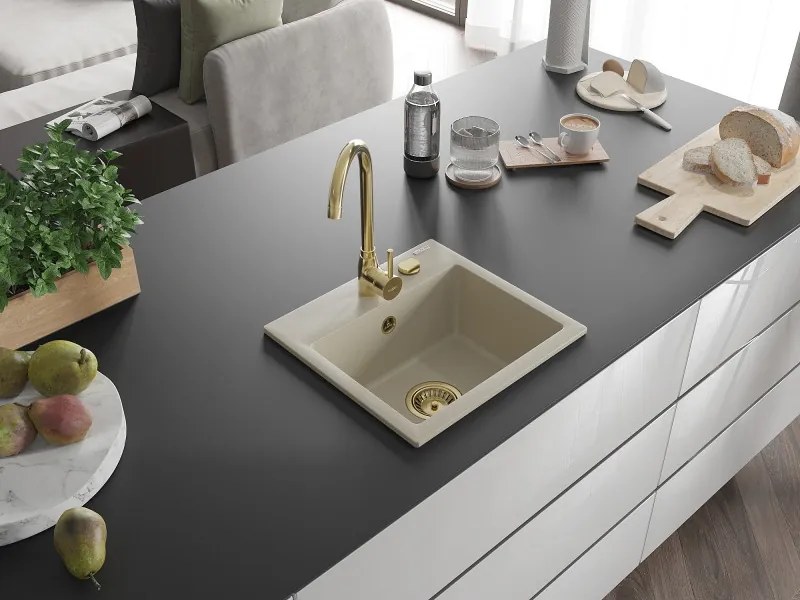 Mexen Milo lavello in granito a 1 vasca con rubinetto da cucina Telma, beige - 6505-69-670200-50