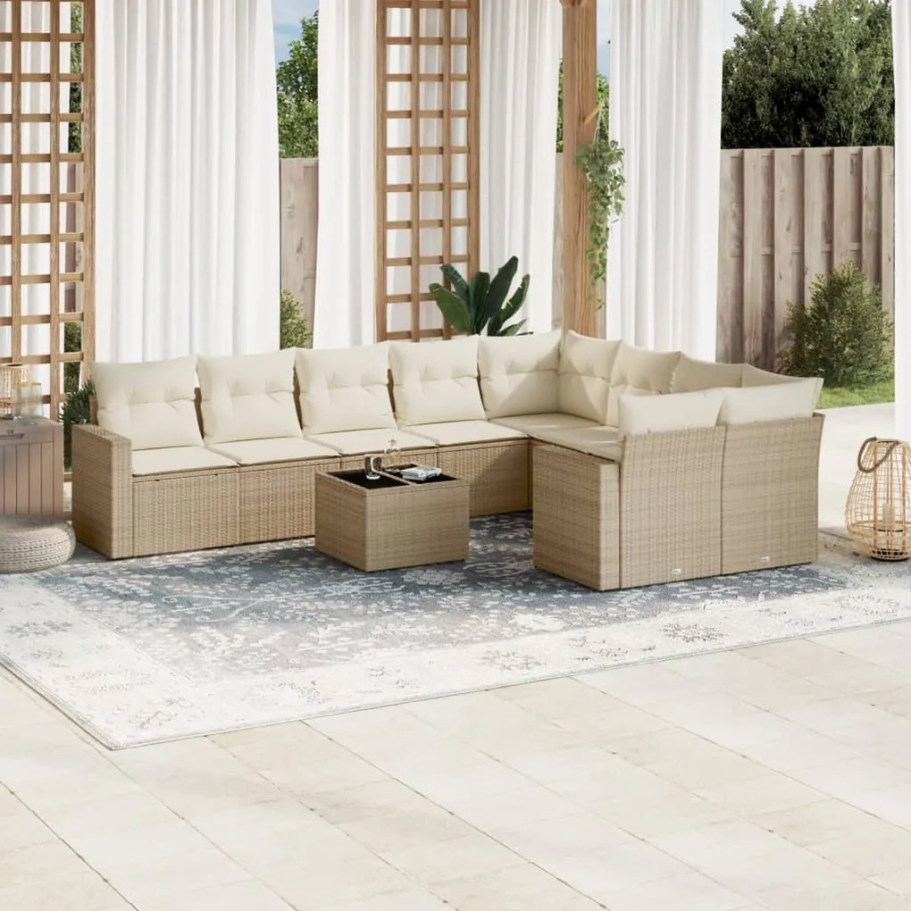 Set Divano da Giardino 10 pz con Cuscini Beige in Polyrattan