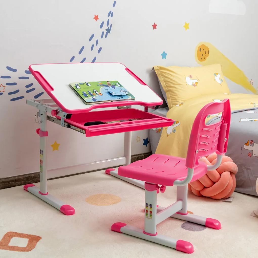 Costway Set scrivania e sedia per bambini con altezza regolabile e cassetto, Set tavolo con superficie inclinabile Rosa