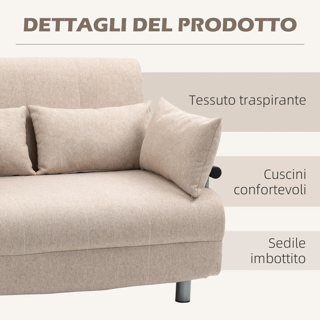 Divano Letto 2 Posti Letto 1 Piazza ½ in Acciaio e Tessuto con 4 Cuscini Crema...