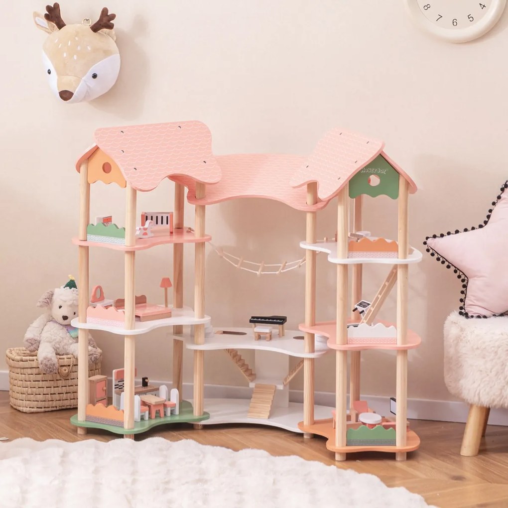 Costway Casa delle bambole in legno per bambini dai 3 agli 8 anni, Casa a 3 piani con 7 stanze e 32 accessori realistici Rosa