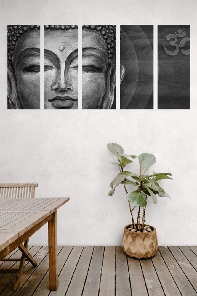 Quadri 5 pezzi – Volto di Buddha in bianco e nero