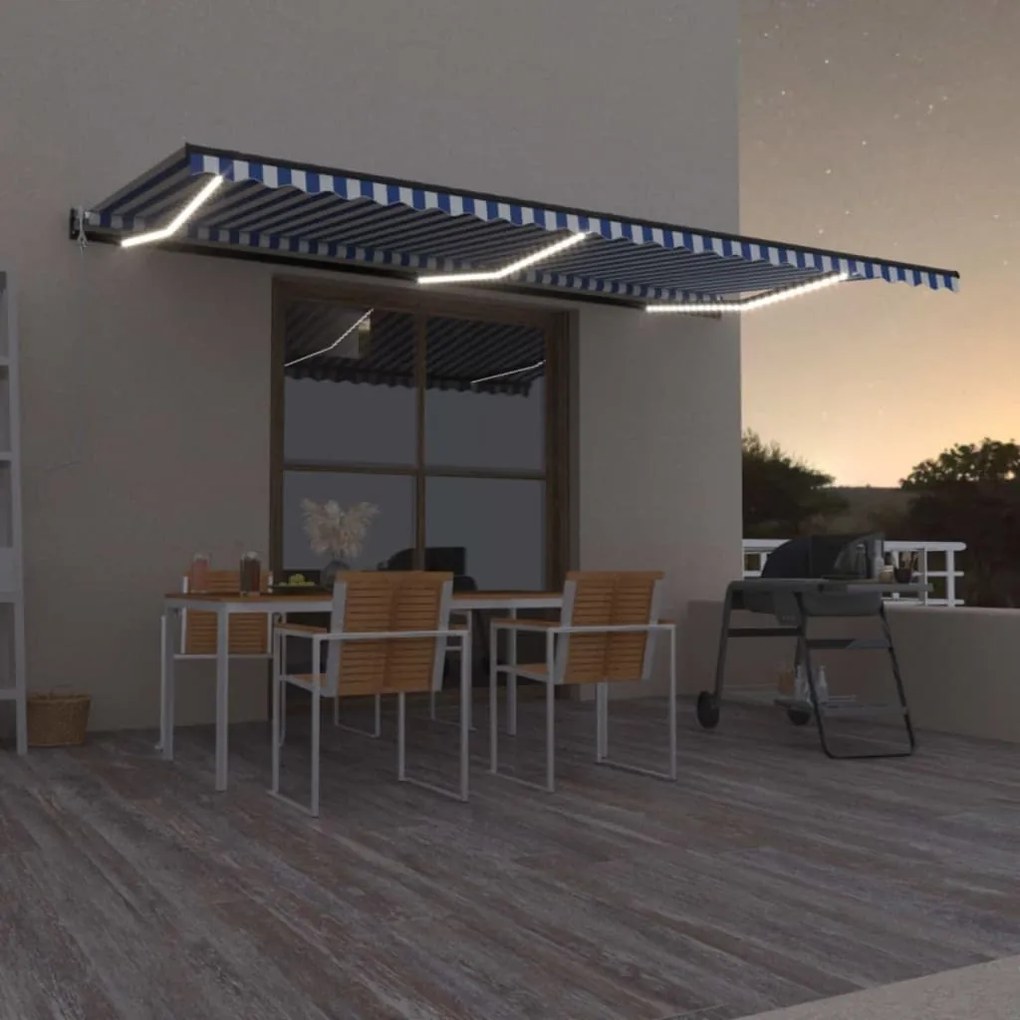 Tenda Automatica Con Sensore Vento E Led 600x300 Cm Blu Bianca /
