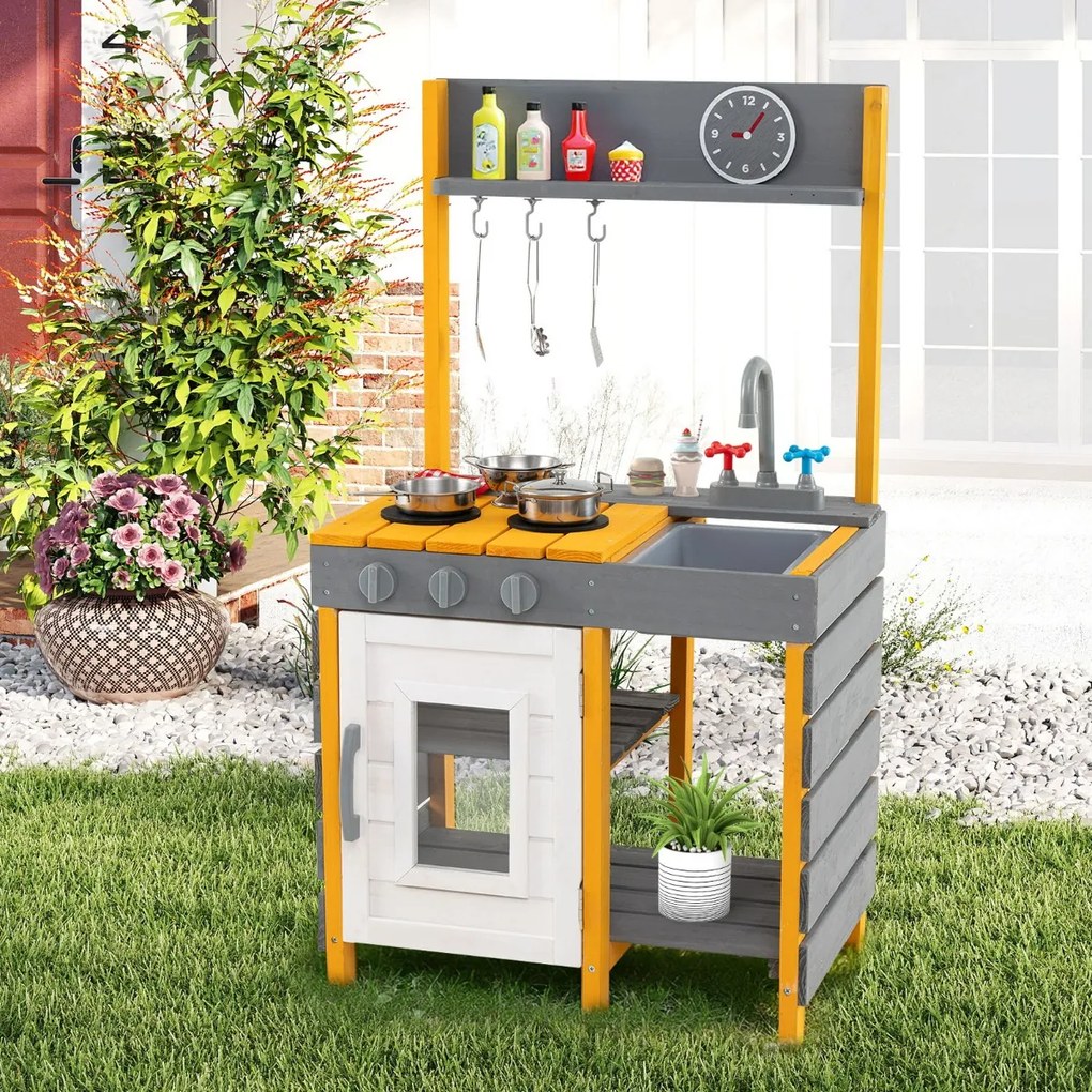 Costway Cucina giocattolo per bambini con fornelli e ganci appesi e mensole portaoggetti, Giocattolo in legno per bambini 3+ Grigio